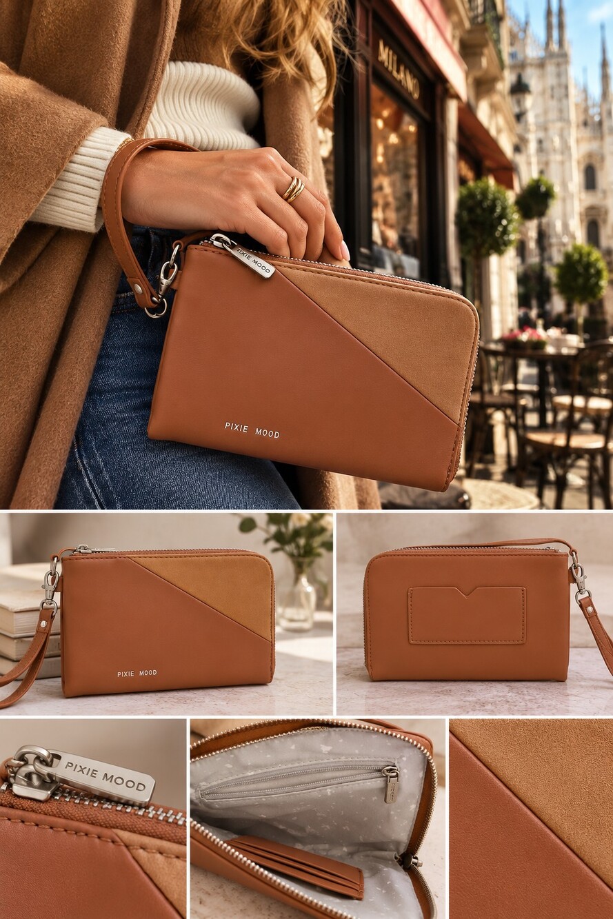 Pixie Mood Stacy Wristlet Tan Brown Vegan Leather Clutch Brand New